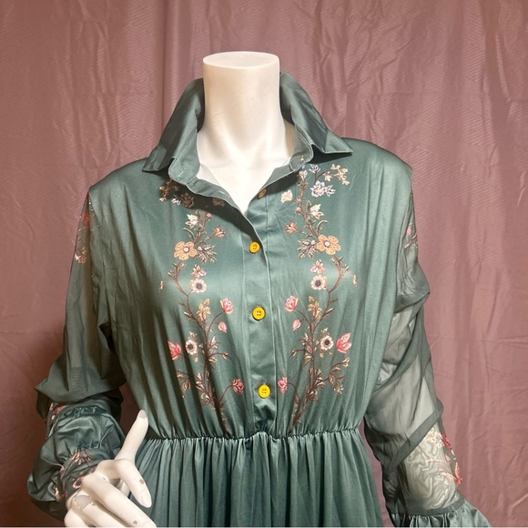 Green Floral Chiffon Maxi Dress  Boho Prairie Long Sleeve Elastic Waist Size: M - Picture 5 of 13